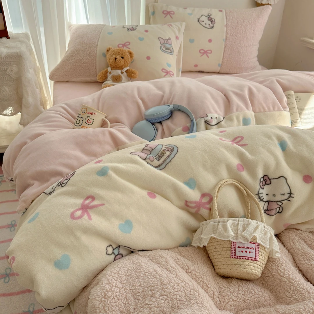 甜美少女kt牛奶绒四件套羊羔绒被套冬季加厚保暖宿舍床单人三件套