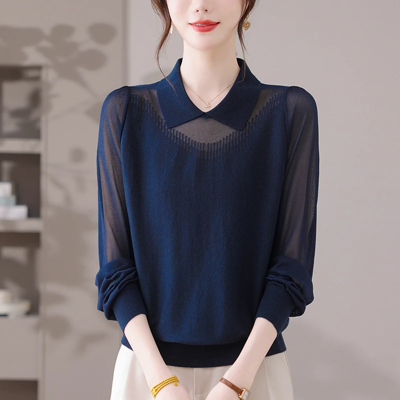 蕾丝打底衫女秋装大码洋气针织衫宽松显瘦遮肉薄款洋气Polo领上衣