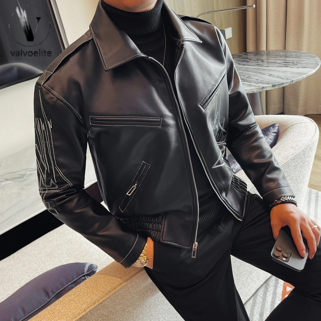 翻领刺绣皮衣外套男士2025新款秋冬季高级感韩版休闲轻熟风皮夹克