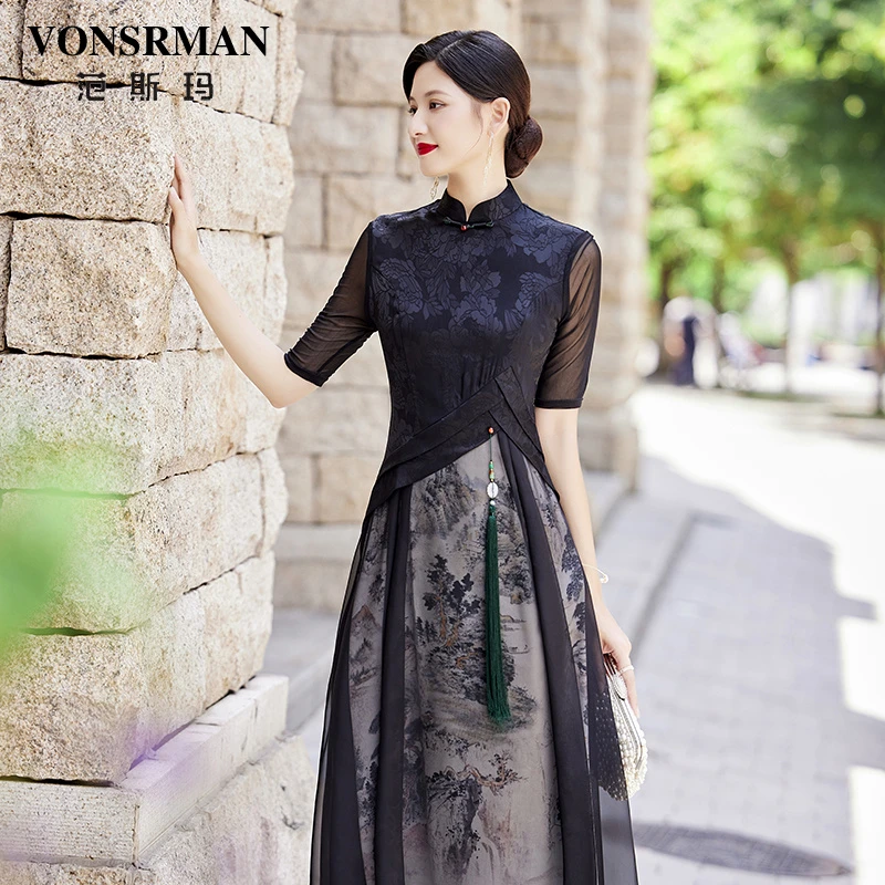 VONSRMAN新中式旗袍印花连衣裙2025新款时尚复古气质显瘦遮肚年轻