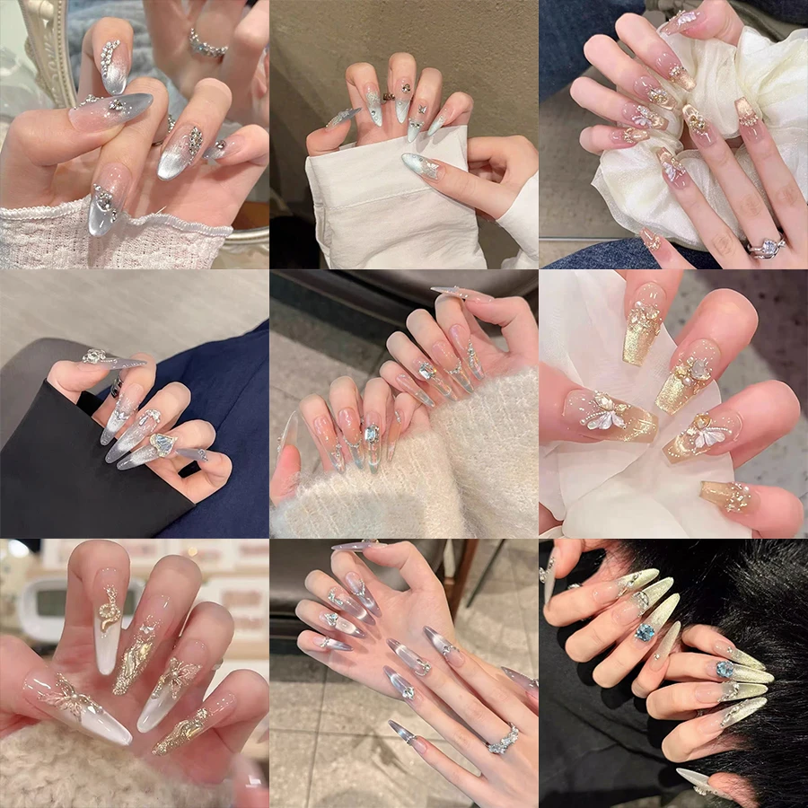 手工穿戴甲片长短裸色渐变带钻美精致可拆卸手工甲贴