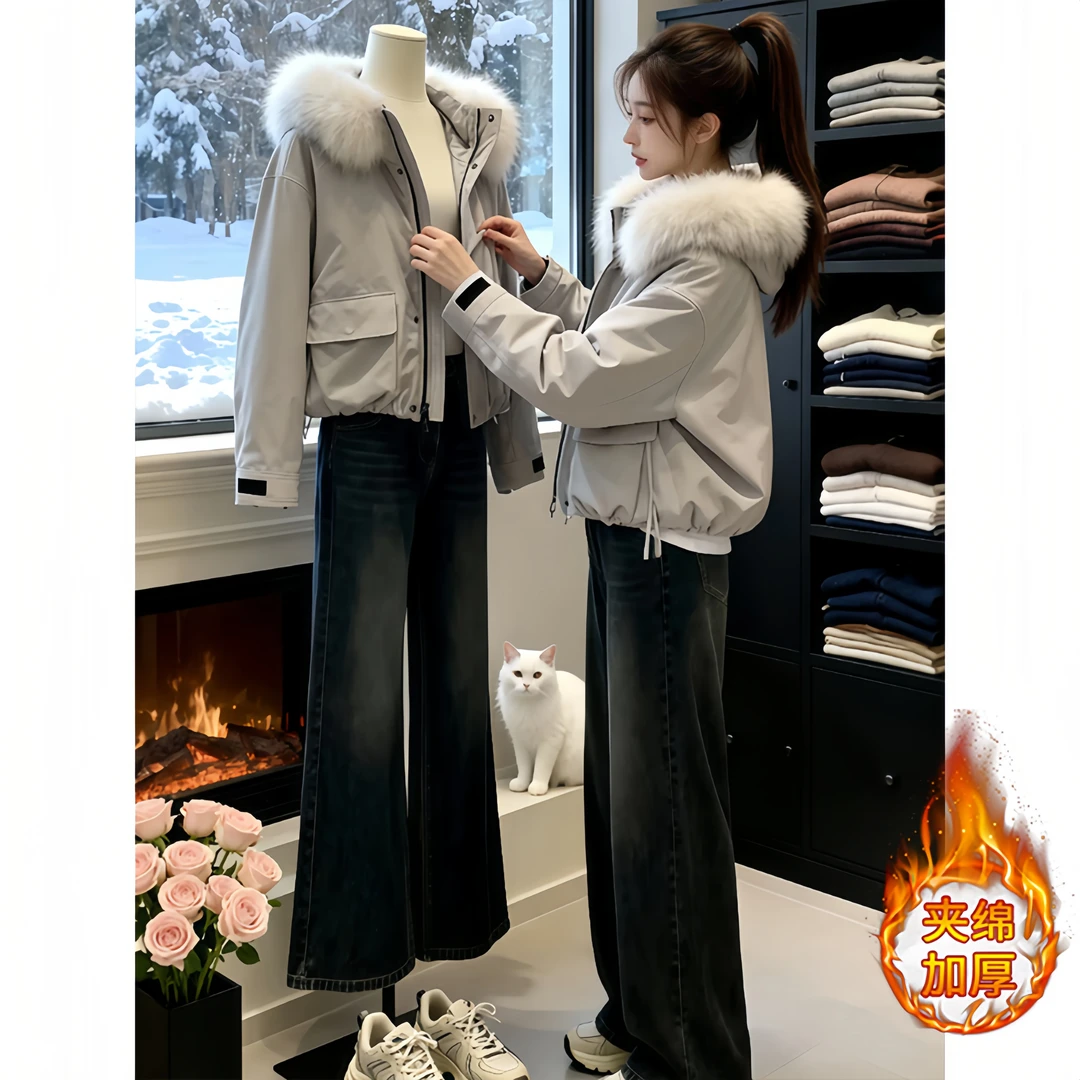 棉服女款2026新款冬季短款小个子派克服工装大毛领今年流行