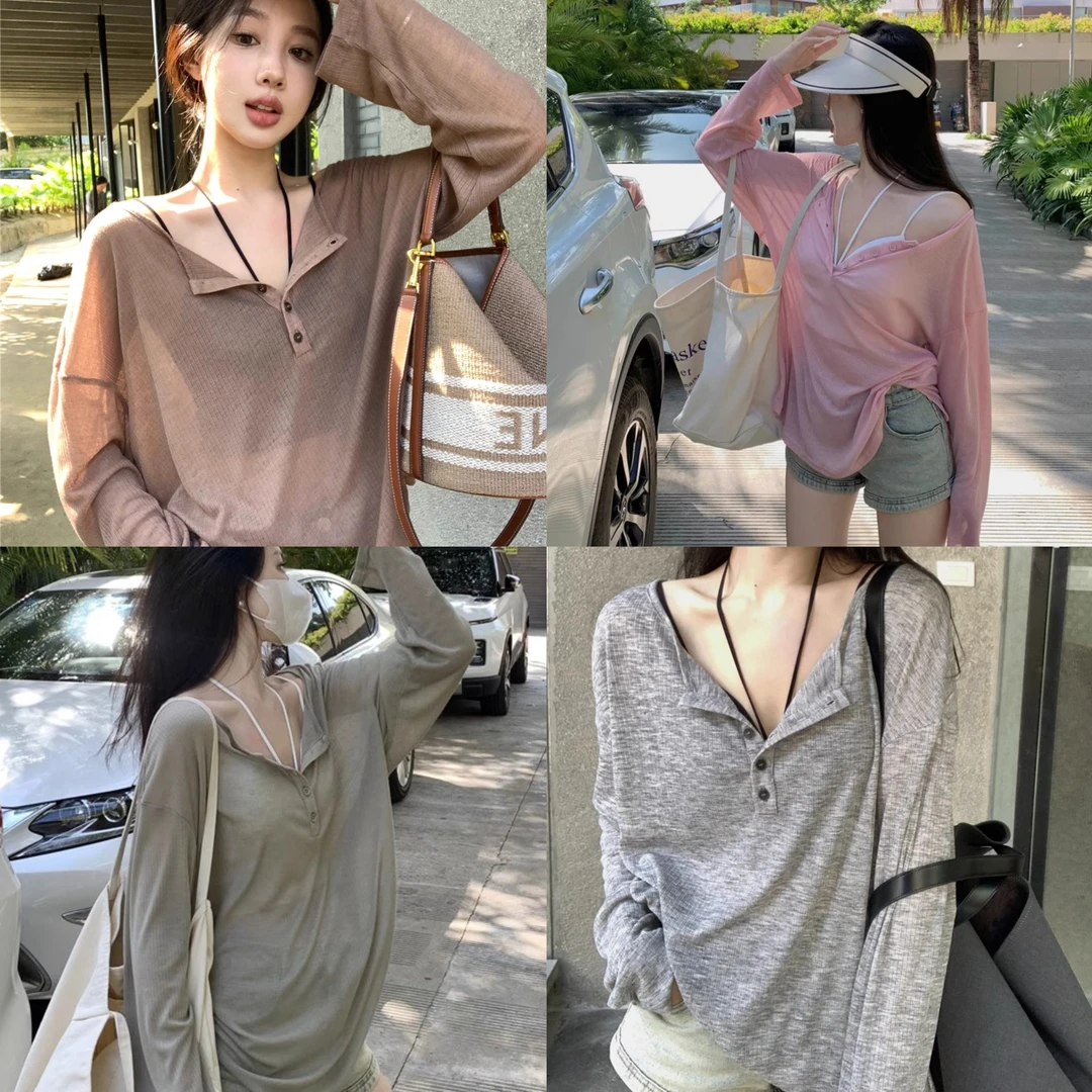 慵懒风纯欲长袖T恤女薄款休闲罩衫防晒衣宽松上衣