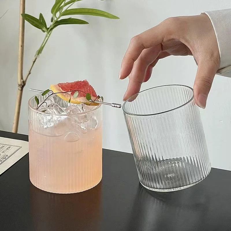 中式简约竖条纹玻璃杯茶酒杯咖啡杯透明果汁杯饮料杯高颜值饮品杯