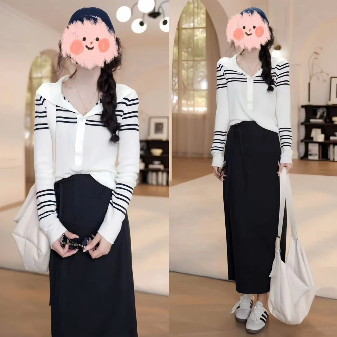 小众炸街高级感女装2025春夏POLO条纹长袖针织衫百搭半身裙套装女