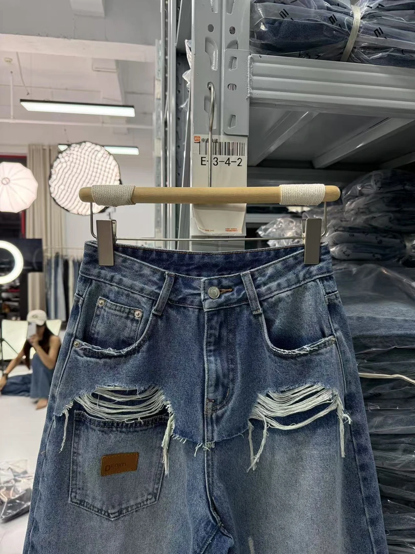 EZ8525 夏季新款破洞前口袋显瘦无弹水洗软牛仔六分裤休闲百搭