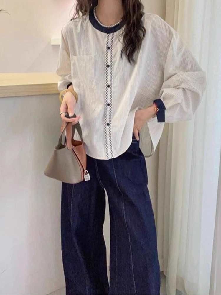 欧货撞色竖条纹圆领衬衫女秋季新款时尚百搭显瘦洋气设计感上衣潮