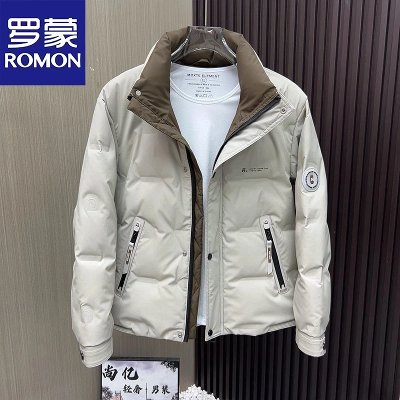 罗蒙男士冬季加厚立领羽绒服新款2025百搭拼色保暖短款鸭绒外套