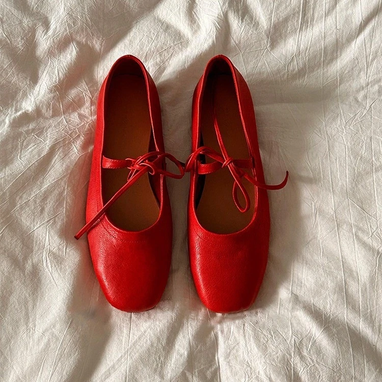 羊皮版~2024新款真皮软底玛丽珍单鞋女浅口红色绑带平底芭蕾舞鞋