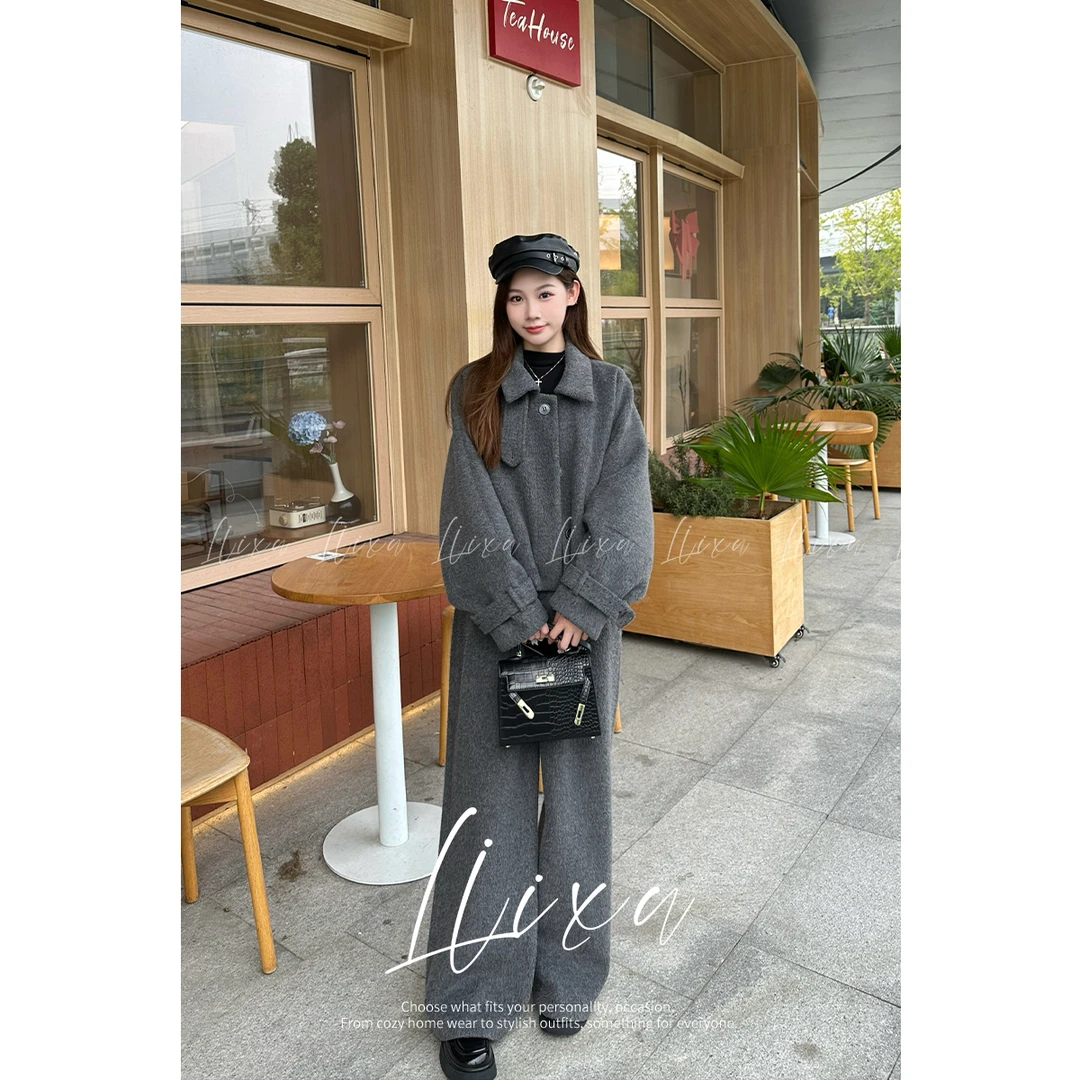 Liixu英伦复古毛呢外套女羽绒内胆蝙蝠袖阔腿裤两件套L48TZ034