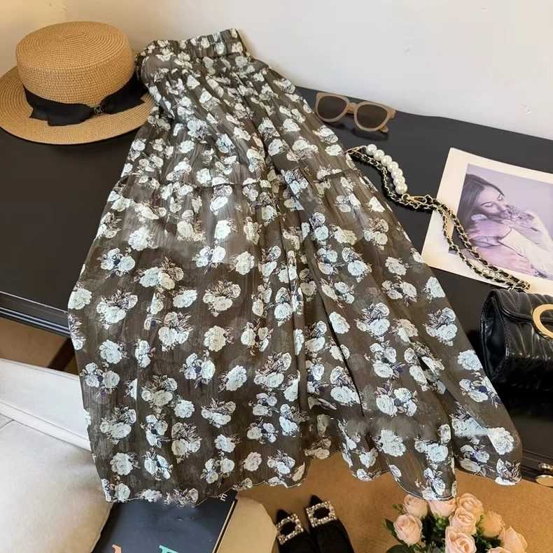 5025#咖色青柠花语半身裙