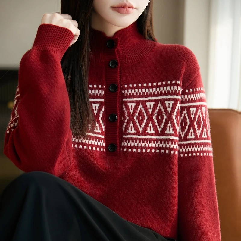 动感哥弟费尔岛女保暖常规款半开领针织衫红色外穿秋冬复古上衣