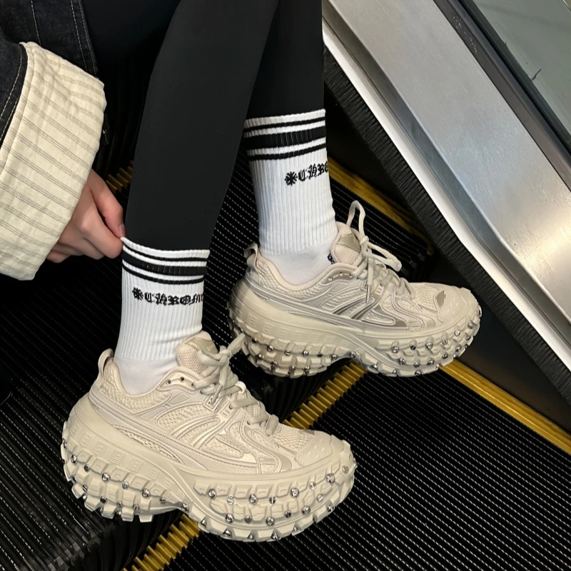 铆钉大轮胎鞋老爹鞋厚底春季新款男女潮牌榴莲底坦克鞋休闲运动鞋