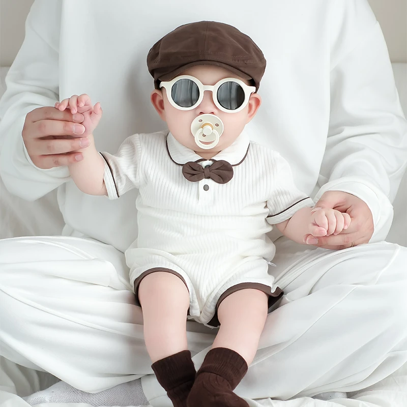 婴儿衣服夏季纯棉男宝宝帅气领结连体衣新生儿满月百天周岁爬服