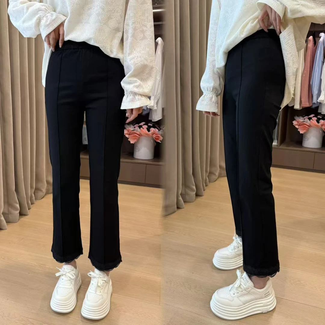 二姐的宝藏春季新款时尚百搭洋气休闲显瘦蕾丝边小黑裤#25023