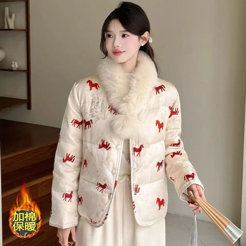 毛领新年中式战袍提花棉服2025冬季新款外套国风