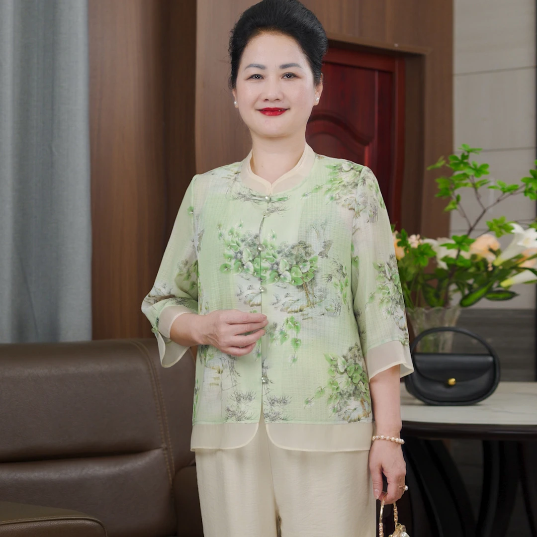 美学家中年妈妈装国风七分袖新中式时尚大码衬衣B0676夏季夏装