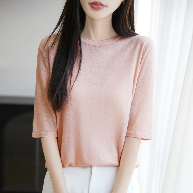 夏季新款精纺水溶羊毛衫短袖t恤宽松简约轻薄针织衫女半袖打底衫