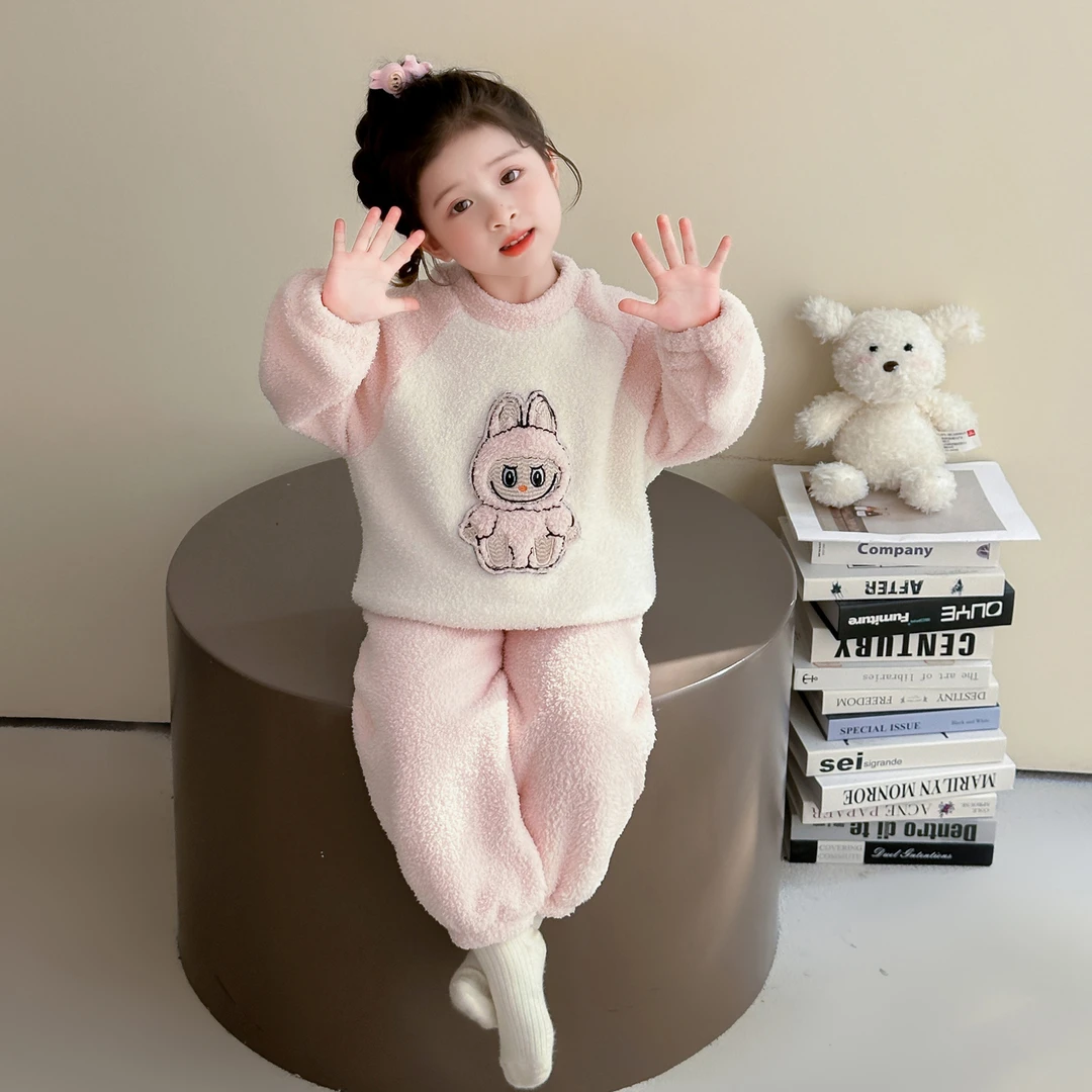 女童睡衣秋冬季珊瑚绒套装小女孩冬款加厚儿童拉布布法兰绒家居服