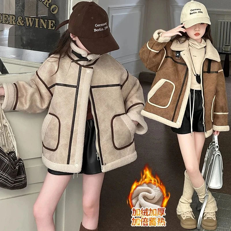 女童秋冬装皮毛一体外套冬季大童韩系穿搭加绒加厚保暖机车服夹克