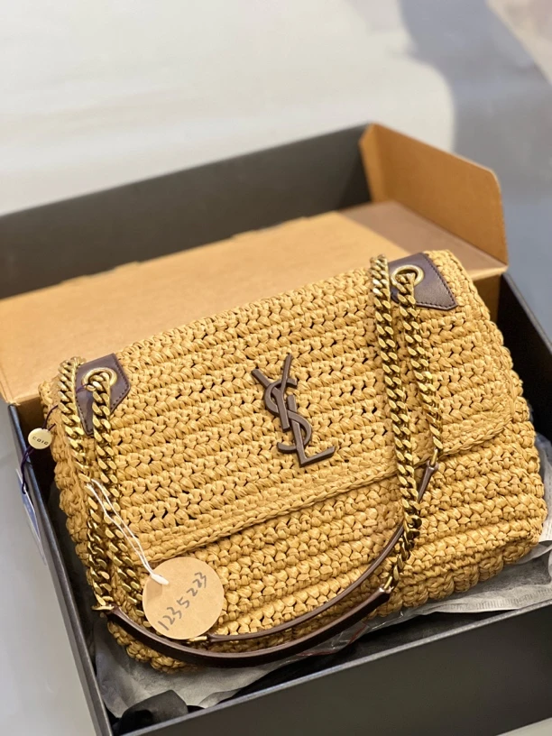 95新 YSL/圣罗兰 夏七中古/拉菲草编织niki单肩包1235223