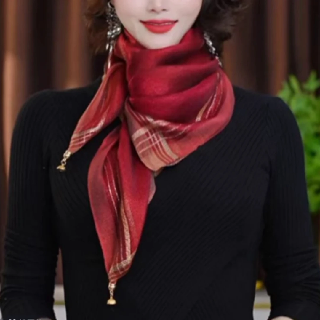 2025年新款90方巾亮丝塑性造型时尚休闲名族风围巾百搭磁扣围巾