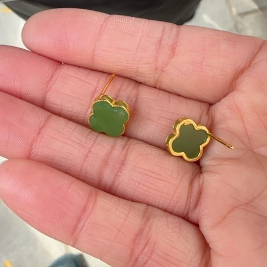 和田玉耳饰银S925镶嵌四叶草