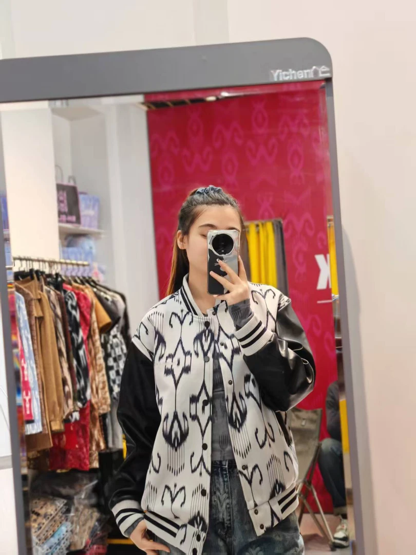 BH-BLACK民族风艾德莱斯印花拼皮夹克男女同款棒球服外套秋季休闲