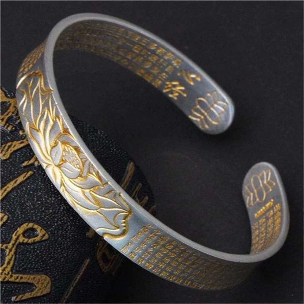 足银72号【莲花心经】999足银复古彩银莲花手镯工艺手镯复古传承