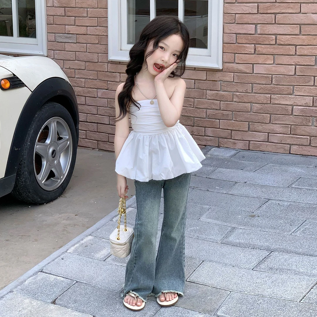 韩版童装女童套装2025夏季新款洋气女孩子时尚白色抹胸上衣牛仔裤