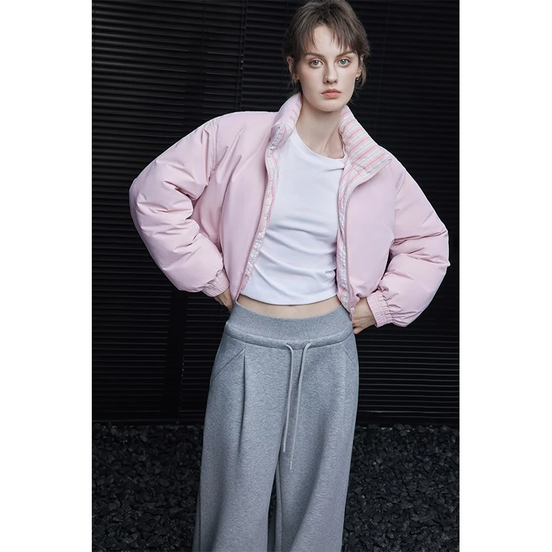 moment粉色高领短款羽绒服外套女2025秋季新款轻薄宽松休闲感超火