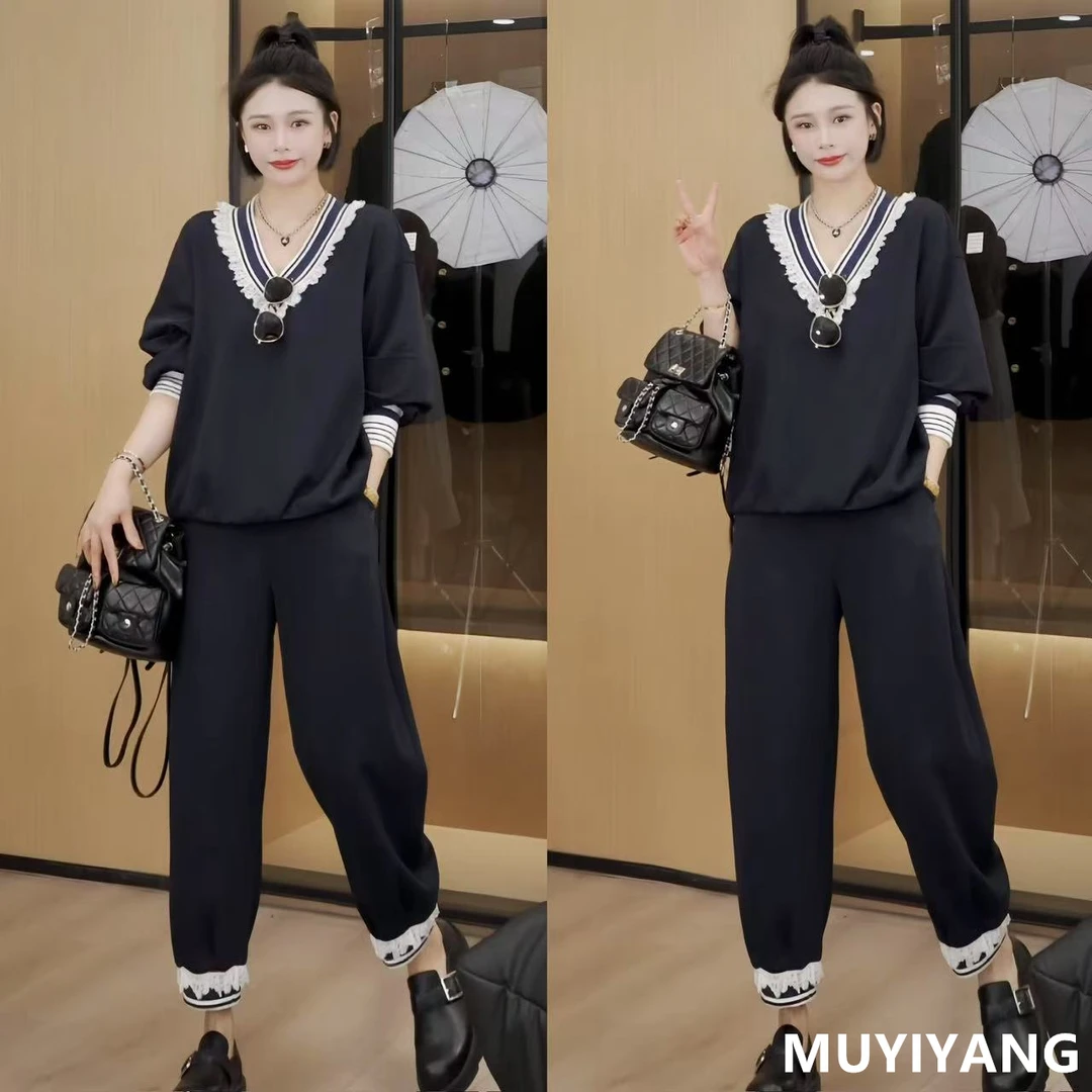 【春】设计感时尚V领蕾丝花边休闲高定版两件套 衣长61 25-059#