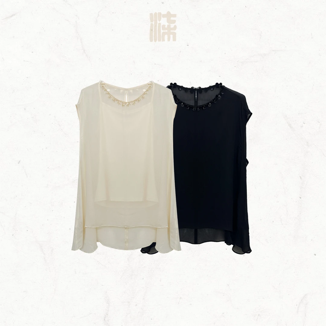 柒熹坊· 秋小姨推荐 中古钉珠领口度假感网纱飘摆上衣