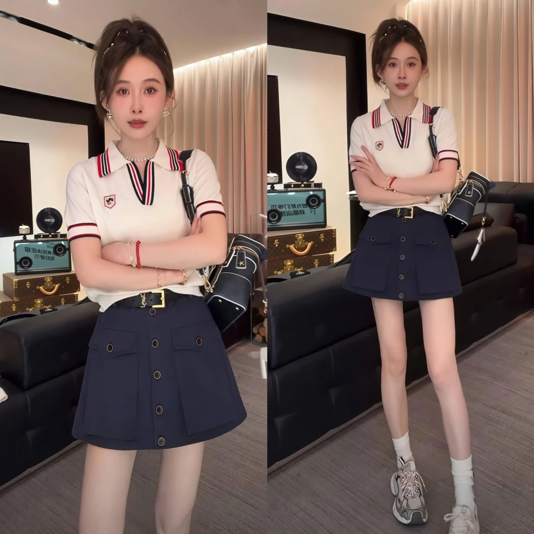 夏季时尚减龄撞色针织POLO领短袖上衣百搭半身裙套装女洋气衣服女
