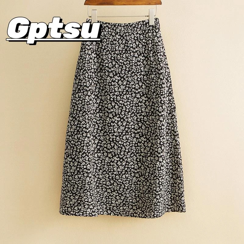 GPTSu高腰碎花半身裙荷叶边A字裙女百搭中长款时尚夏季显瘦中裙