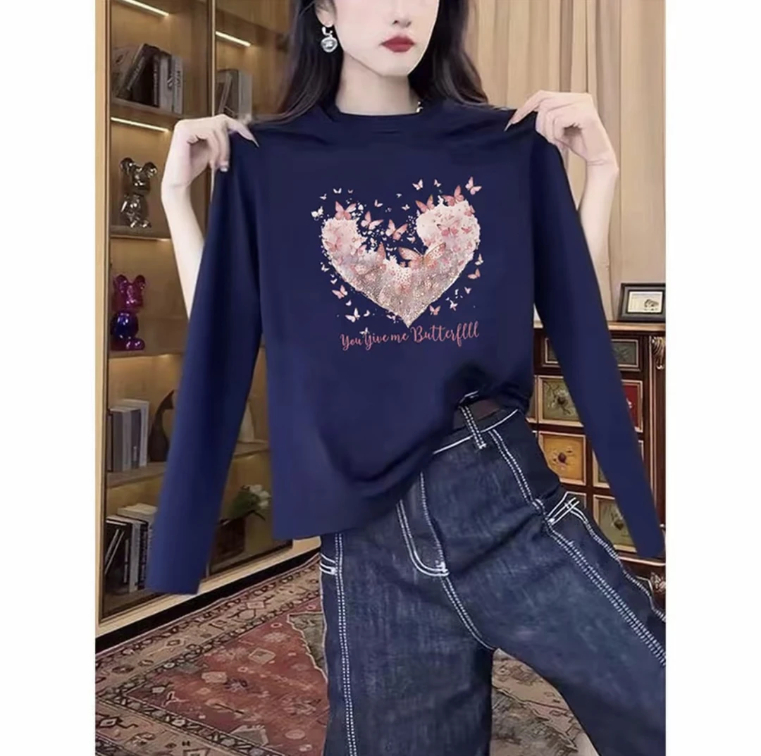 欧货秋冬新款棉质藏青色长袖简约打底衫T恤女宽松内搭圆领上衣ins