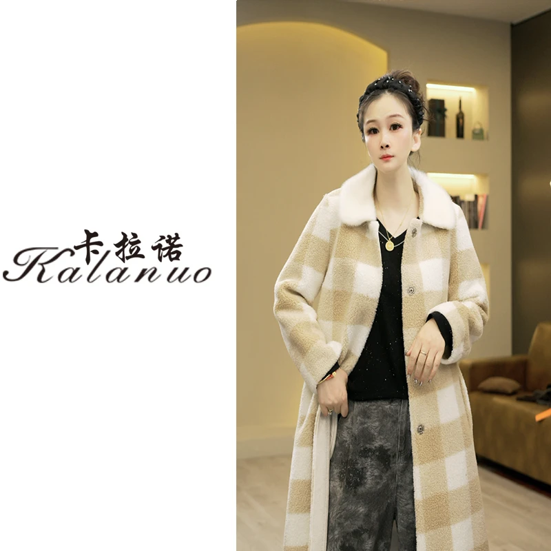 【卡拉诺】2025新款格子水貂领绵羊毛长款外套M-985