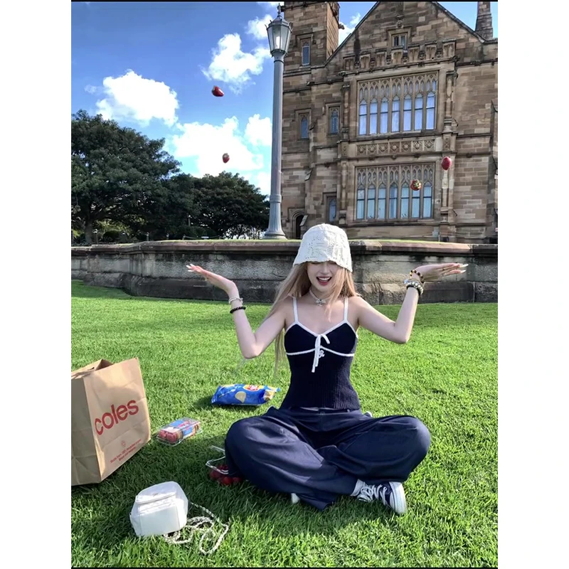 甜美辣妹性感时尚气质设计感流行吊带上衣百搭显瘦直筒阔腿裤长裤