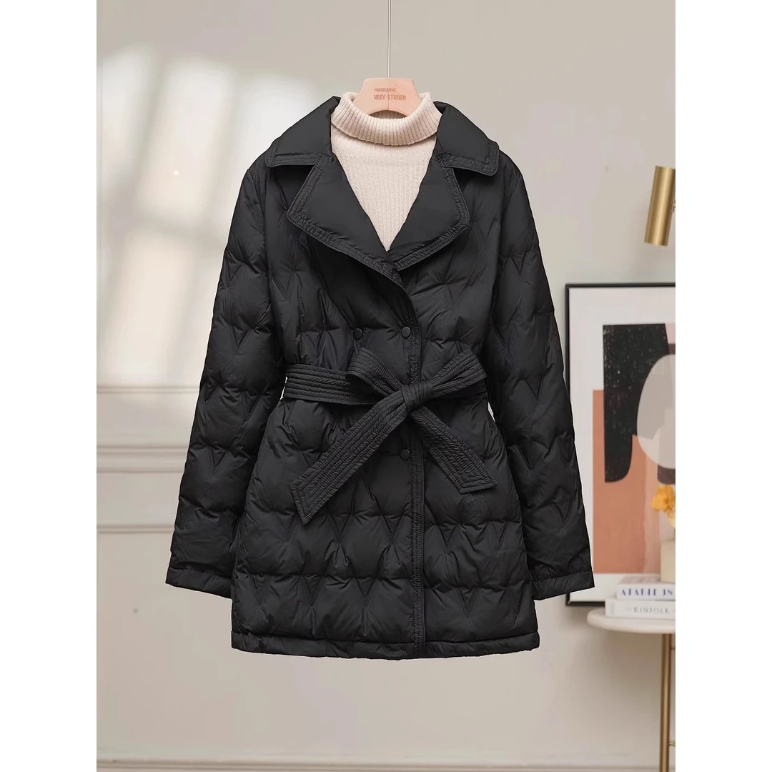 2025秋冬新款羽绒服女中长款西装领女士修身型中长款90%白鸭绒