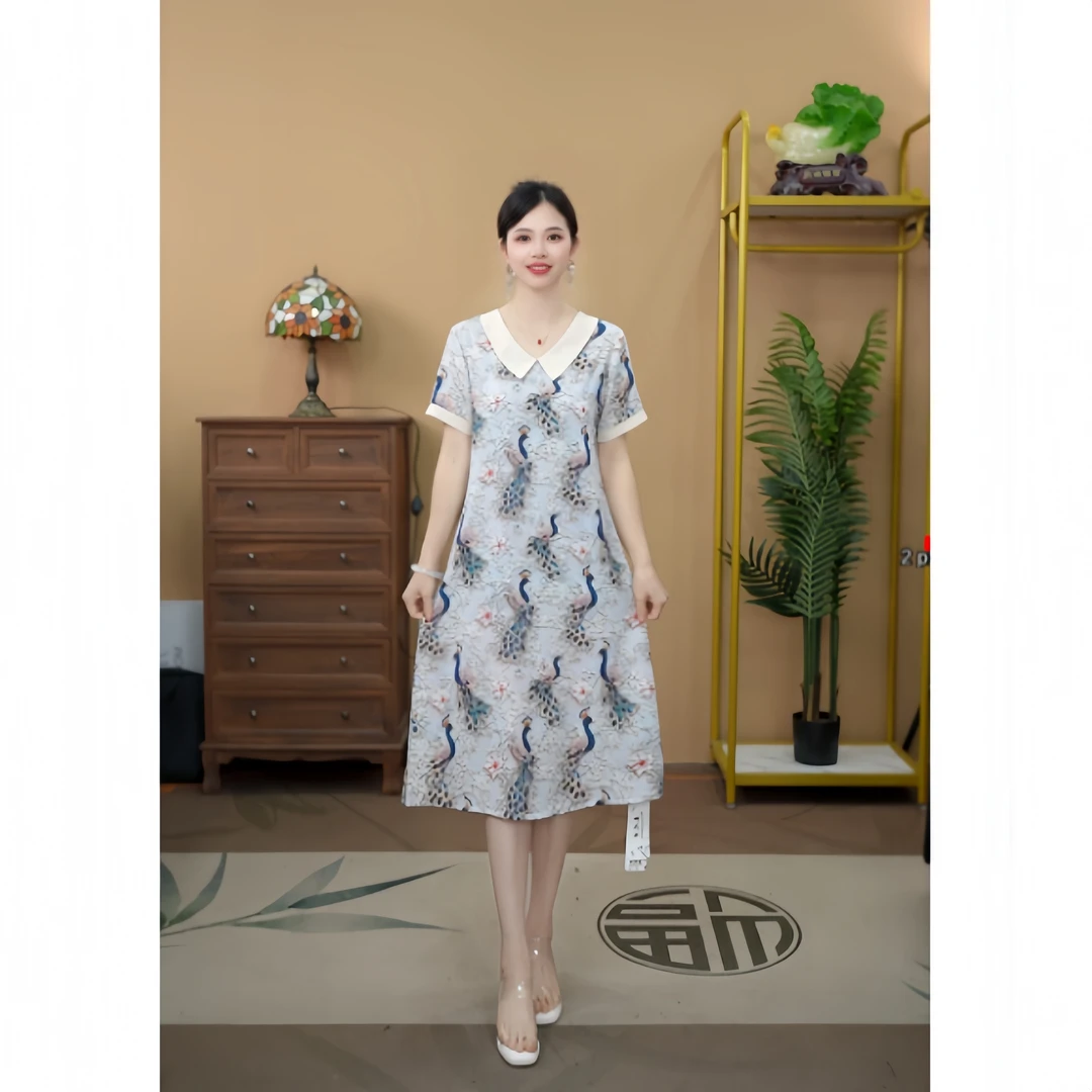 52256  娃娃领短袖气质显瘦连衣裙长裙复古印花裙子