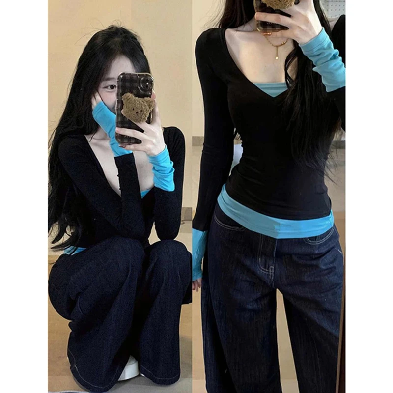 韩女穿搭!!!美式辣妹撞色拼接假两件长袖T恤女修身显瘦打底衫上衣