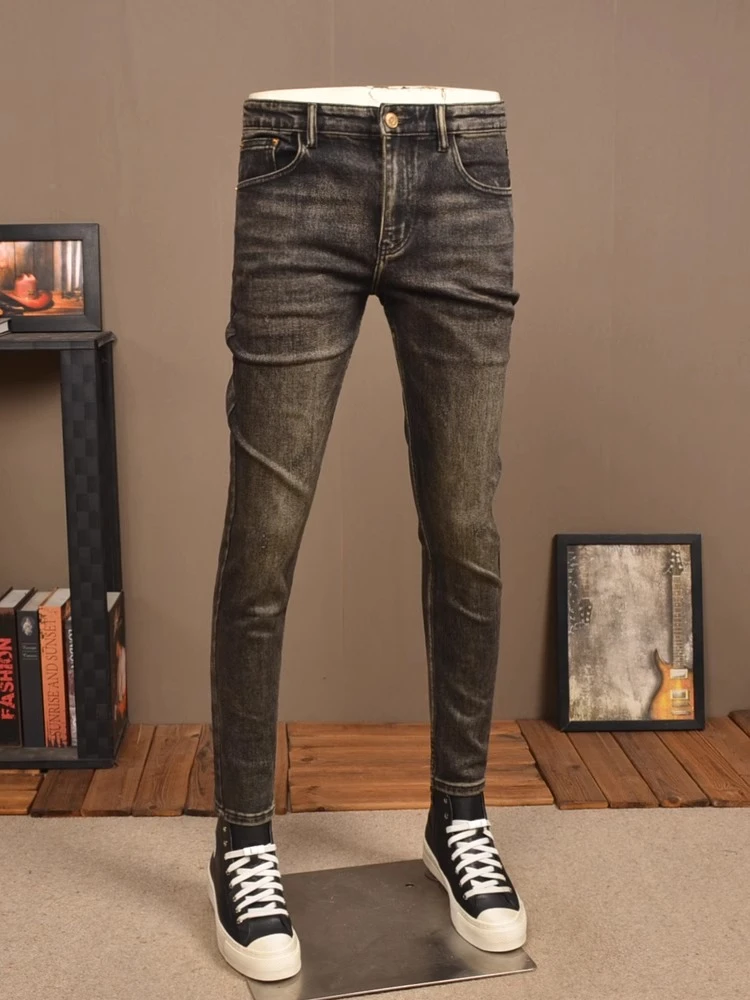 春秋复古怀旧黑色牛仔裤男弹力修身小脚潮流韩版时尚休闲紧身长裤