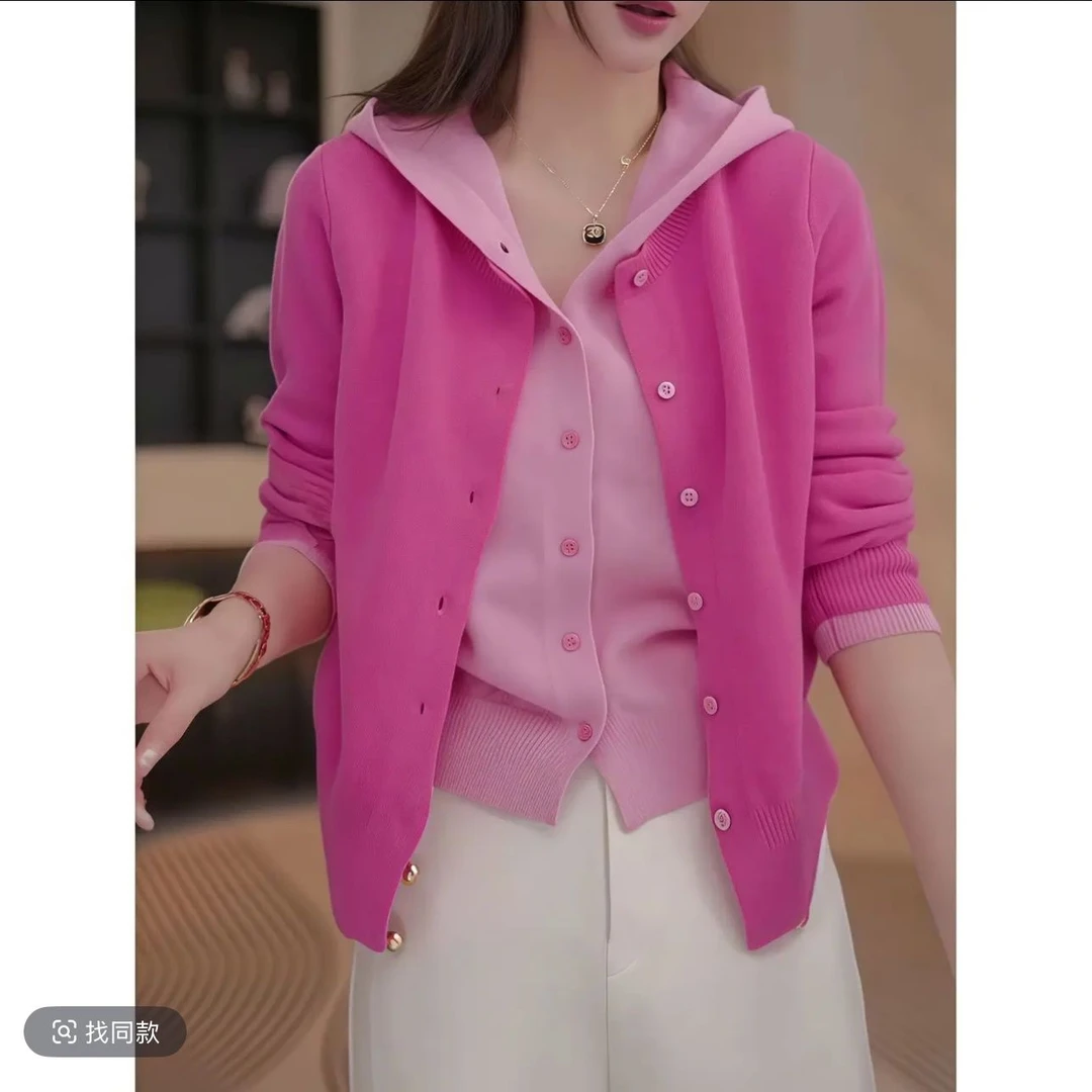 连帽假两件针织衫女开春新款外套秋冬毛衣开衫设计感显瘦长袖上衣