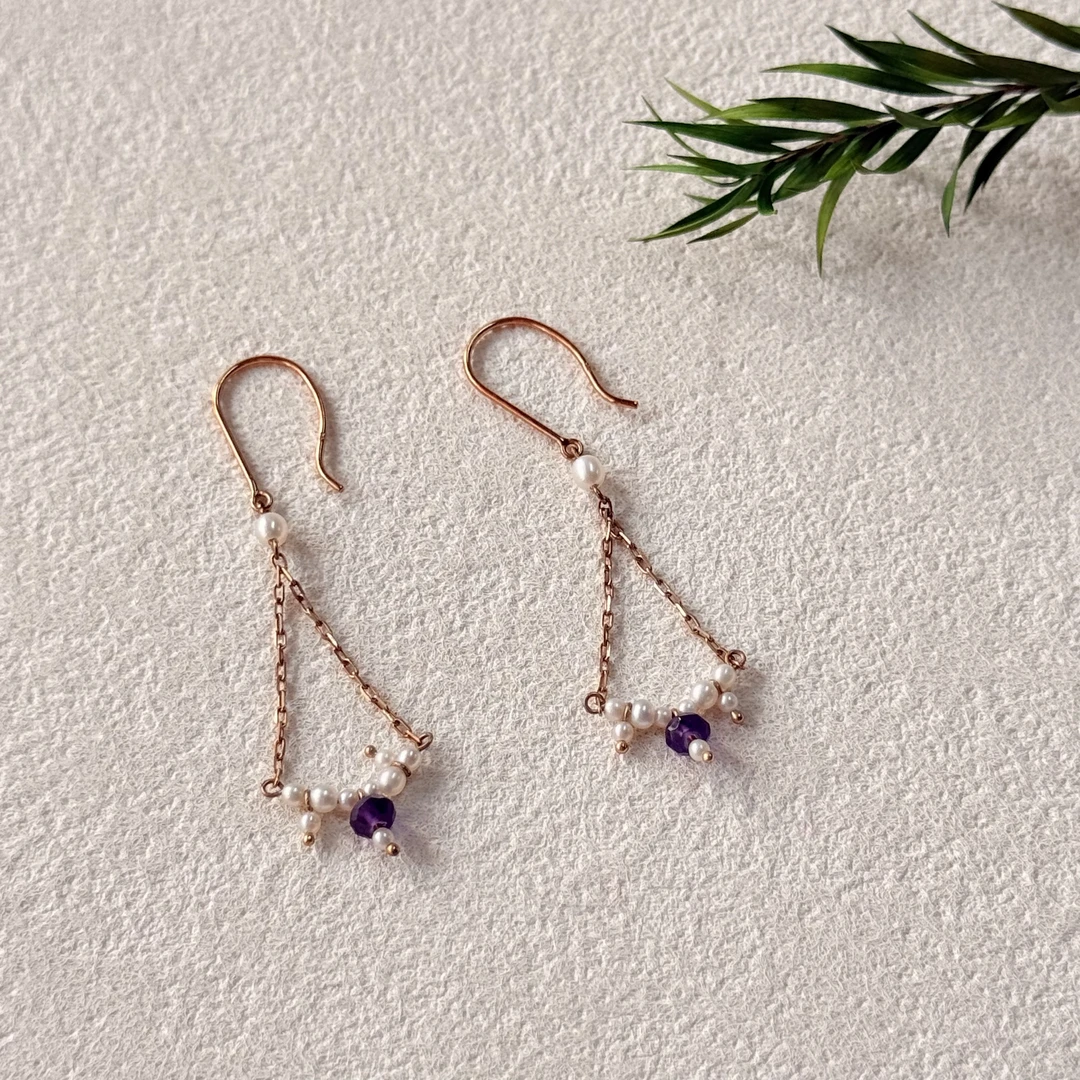 【六六中古】简约紫晶淡水珍珠10k金耳环te6006