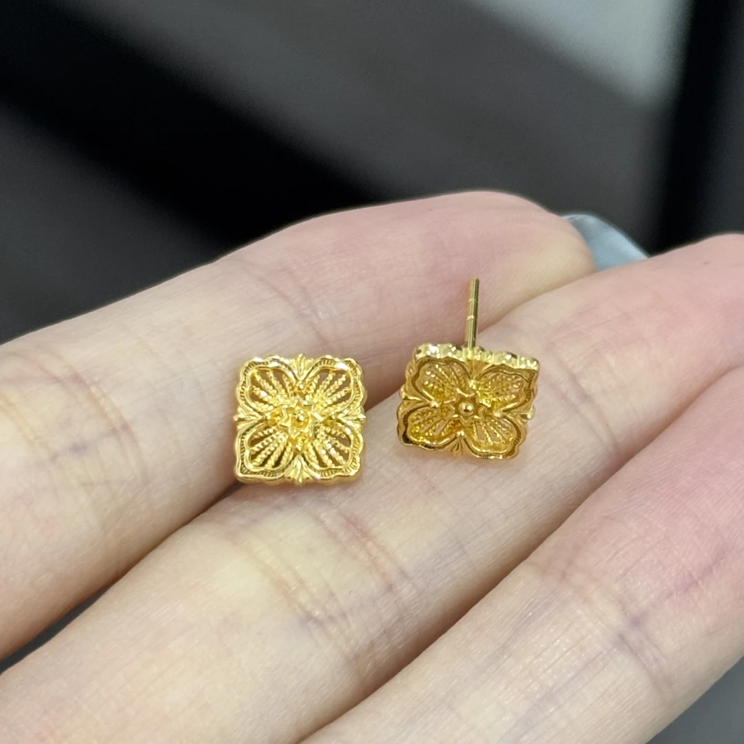 镂空布家耳钉直针足金999