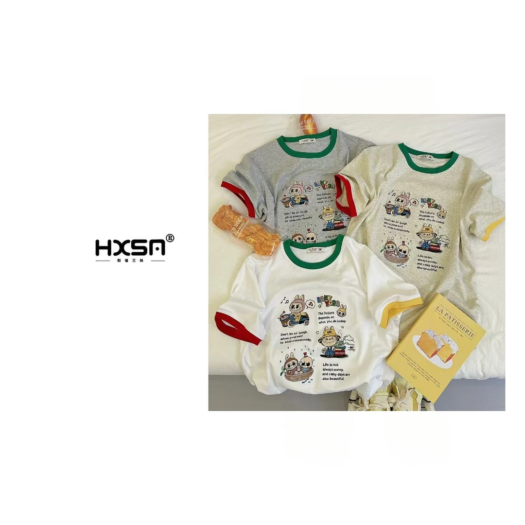 （现）HXSM「欢乐拉布布」夏季拼色袖潮流百搭圆领短袖5005