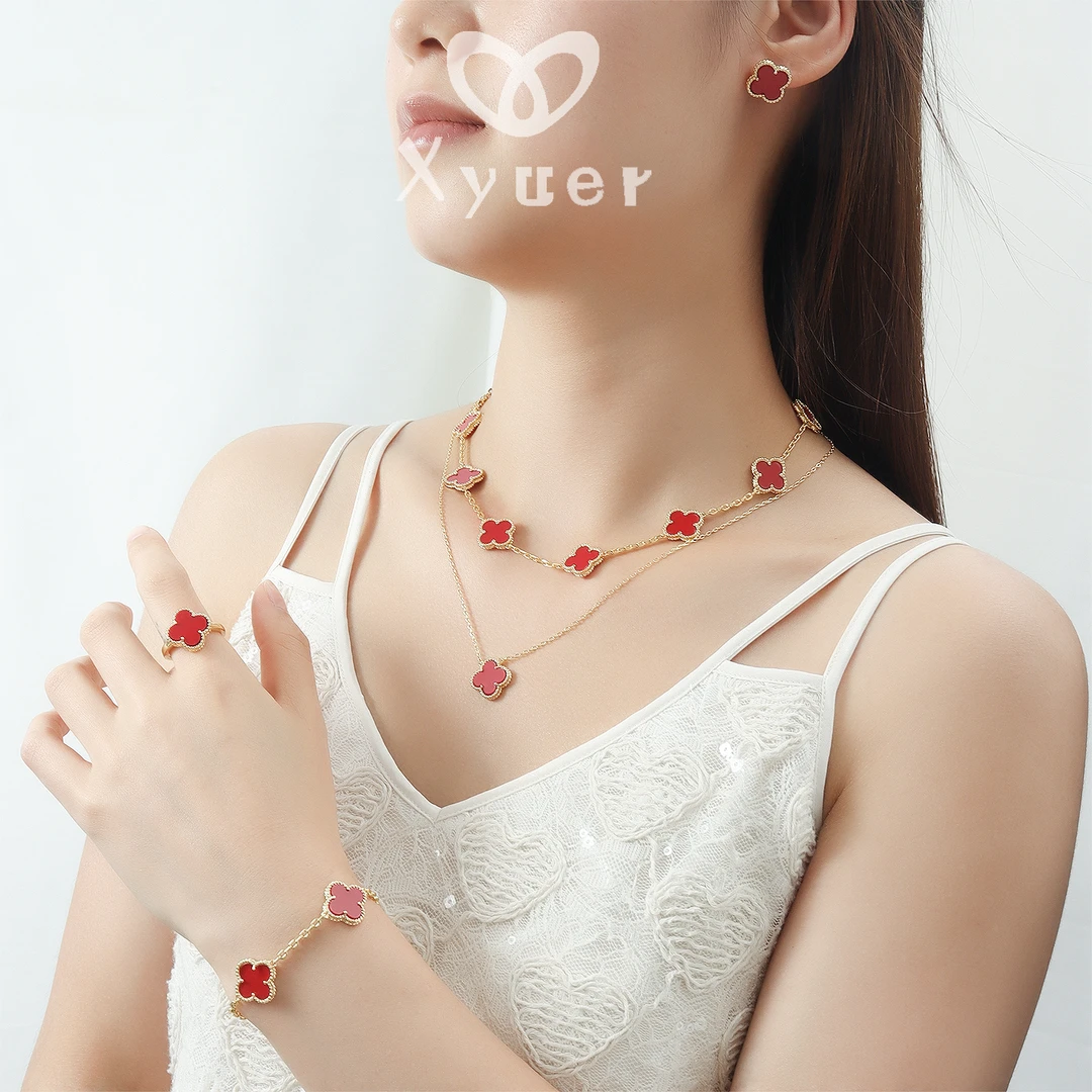钛钢珐琅项链 Xyuer谢雨儿红色四叶花个性五件套首饰套装