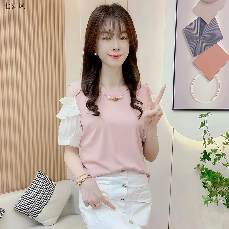 新款宽松短袖拼接衬衫夏季气质韩版通勤常规款棉质舒适