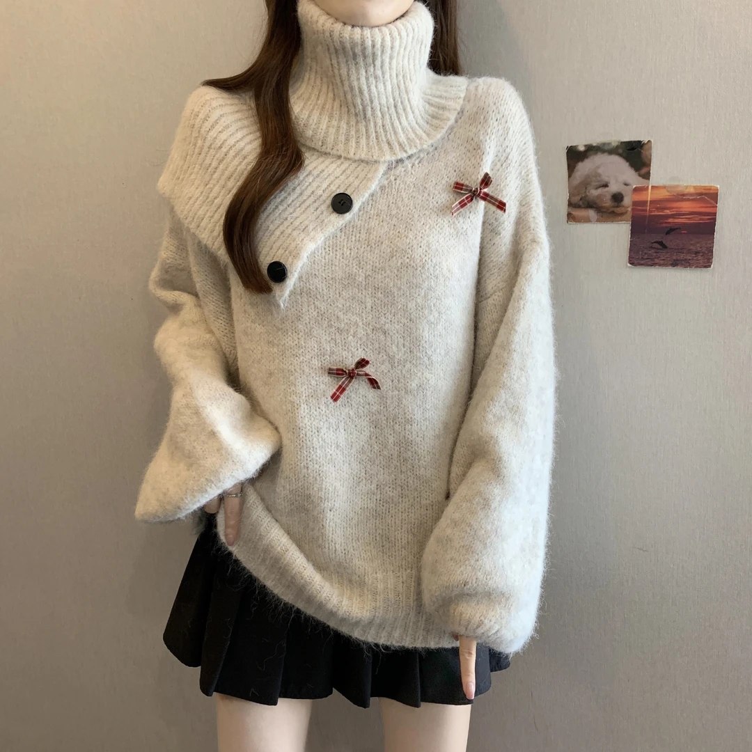 宽松慵懒风蝴蝶结针织衫女秋冬新款胖mm中长软糯减龄毛衣+U型领潮