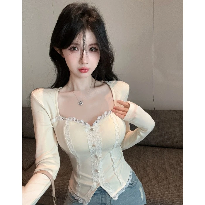 纯欲辣妹方领鱼骨上衣女春秋小香风带胸垫蕾丝拼接打底衫内搭红色